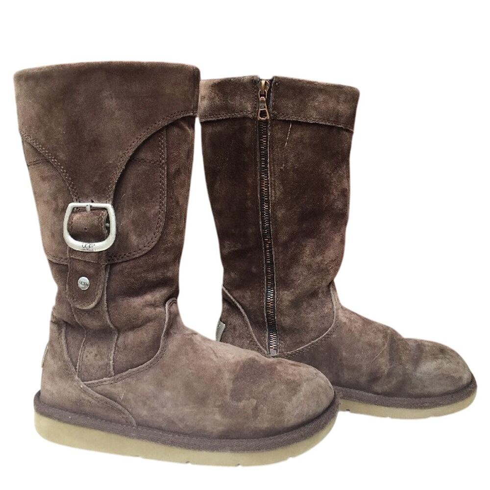 UGG Brown Suede Sheepskin Tall Zipper Pocket Buckle Boots 5 USED